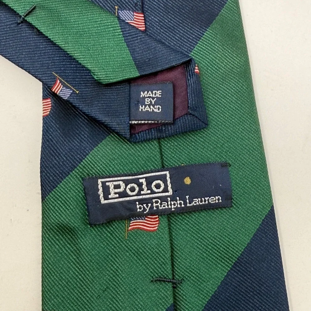 Polo Ralph Lauren Silk Tie Navy Green Stripe American Flag‎ Handmade Made in USA